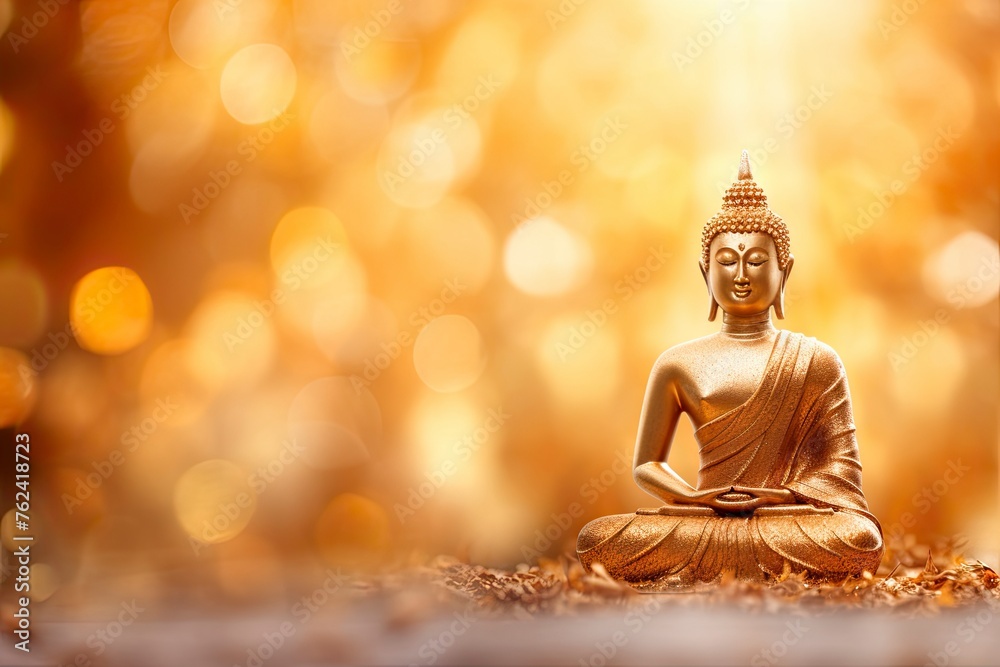 Makha Asanaha Visakha Bucha Day Golden Buddha image. Background of Bodhi leaves with shining light. Soft image and smooth focus style and copy space - generative ai Makha Asanaha Visakha Bucha Day Golden Buddha image. Background of Bodhi leaves with shining light. Soft image and smooth focus style and copy space - generative ai