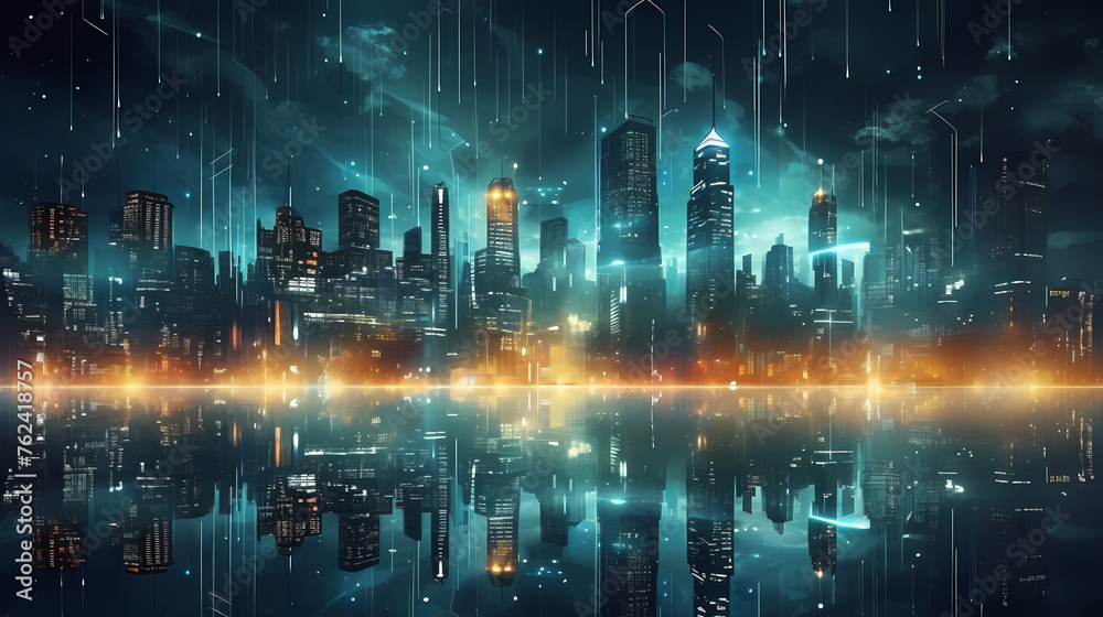 Vibrant digital smart city at night