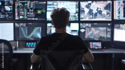 Man sitting in a control office room full of monitors on the table with world map on the large display screen. Network surveillance center, technical support, global satellite dispatch tracking