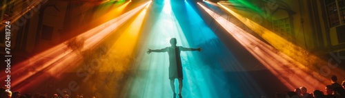 An acrobat performing under a spotlight that cycles through colors, casting dramatic, moving shadows