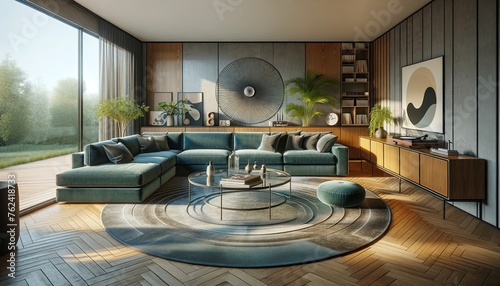 Mid-Century Modern style living room interior with no people, showcasing an airy and open design that captures the essence of the era.