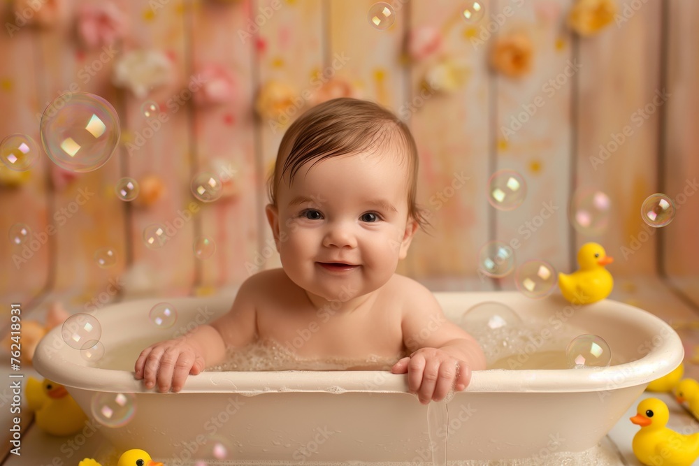 Adorable infant with a big smile in a bubbly bathtub, surrounded by rubber ducks and floating soap bubbles Adorable infant with a big smile in a bubbly bathtub, surrounded by rubber ducks and floating soap bubbles