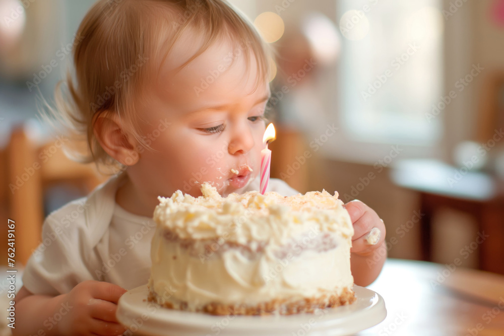 Little child with joyous expression blows out a candle on a creamy birthday cake