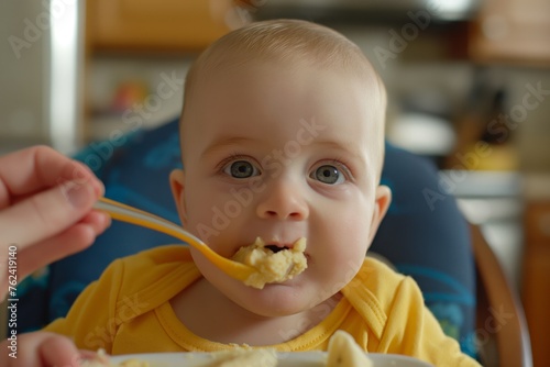 Adorable Caucasian baby's first mealtime adventure. Eating healthy solid food with a spoon. Puree. And mashed. Under the care of a young mother in the family kitchen