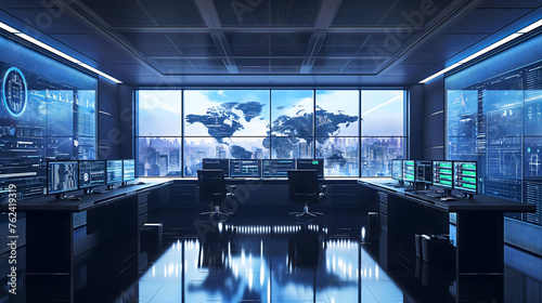 Control office room full of monitors on the table or desk with world map on the large display screen on the wall. Network surveillance, monitoring center, technical support, logistics,server station photo
