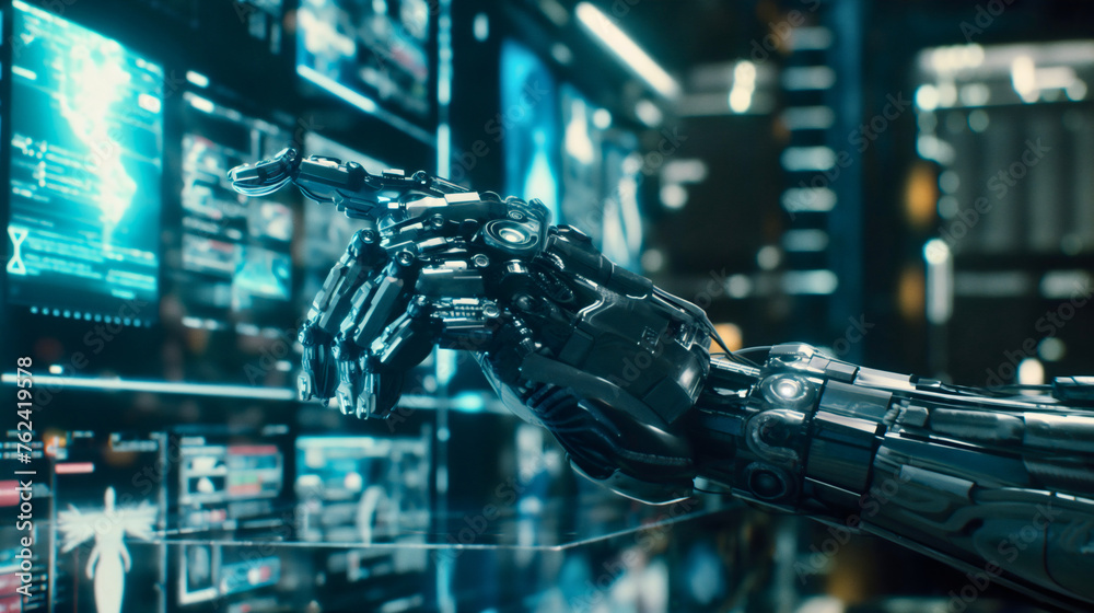Mechanical cyborg robot machine hand or finger touching the screen on the large display, AI artificial intelligence futuristic technology, virtual digital internet connection blue system Mechanical cyborg robot machine hand or finger touching the screen on the large display, AI artificial intelligence futuristic technology, virtual digital internet connection blue system