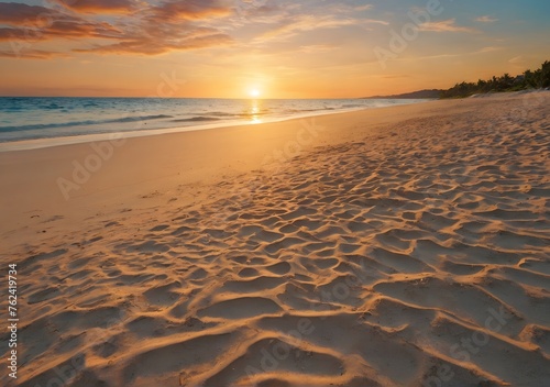 Closeup of sand on beach and blue summer sky. Panoramic beach landscape. Empty tropical beach and seascape. Orange and golden sunset sky  soft sand  calmness  tranquil relaxing sunlight  summer mood