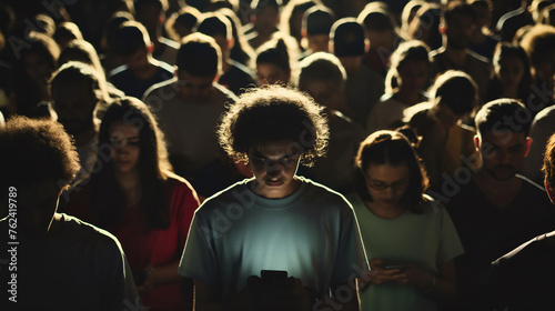 Crowd group of many young people looking at their smartphones, generation z technology addiction social media internet scrolling, university teens using a device, texting and messaging, notifications