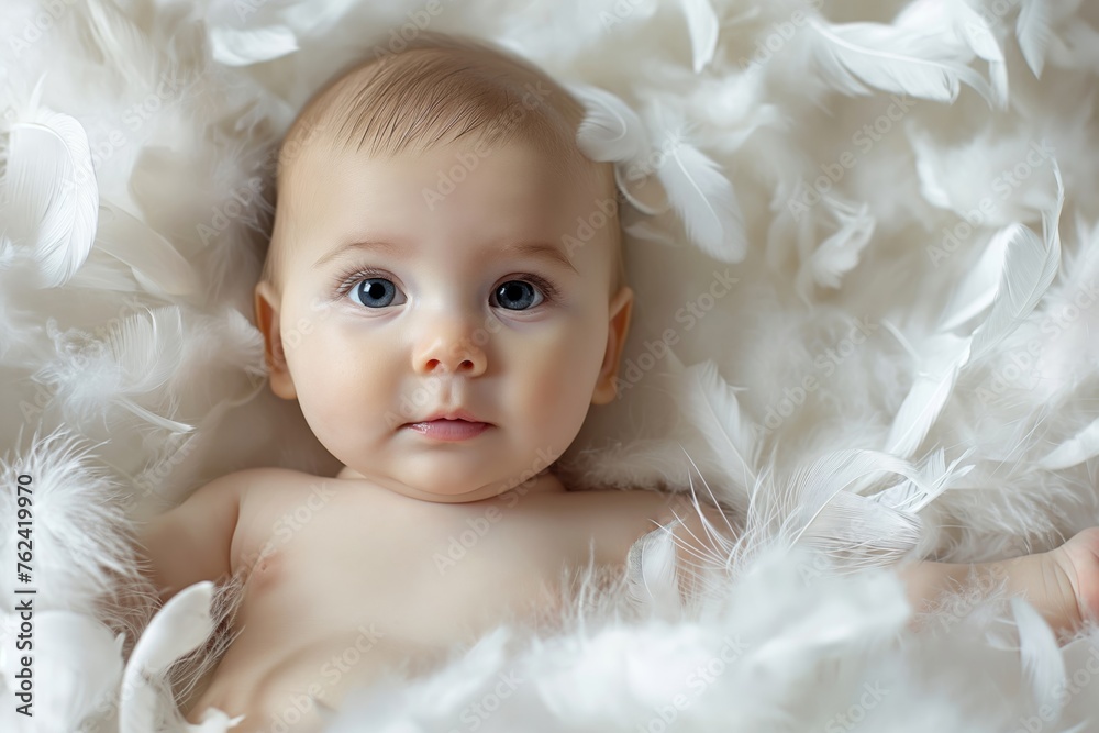 Peaceful infant lies amidst a cloud of delicate white feathers Peaceful infant lies amidst a cloud of delicate white feathers