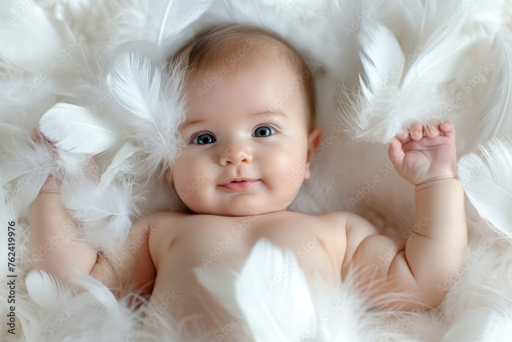 Delightful baby lies amongst gentle feathers, radiating innocence and joy Delightful baby lies amongst gentle feathers, radiating innocence and joy