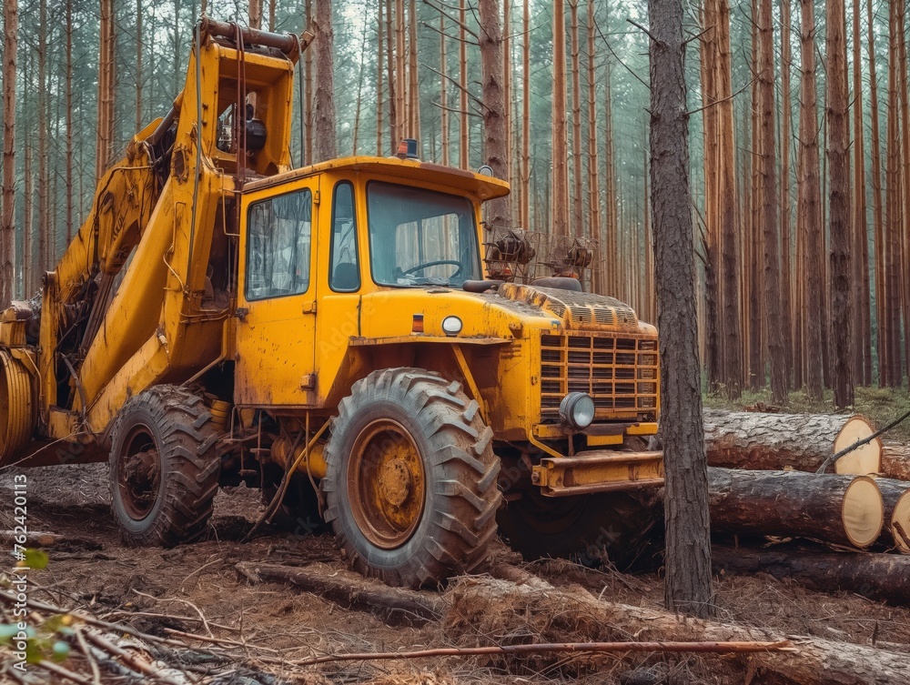 A yellow forestry skidder among tall pine trees with cut timber on the ground.