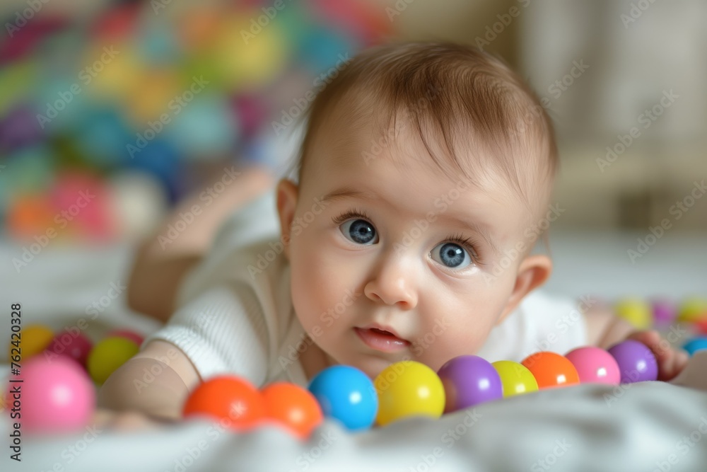 Fototapeta premium Cute infant with big blue eyes lies on a bed surrounded by multicolored play balls