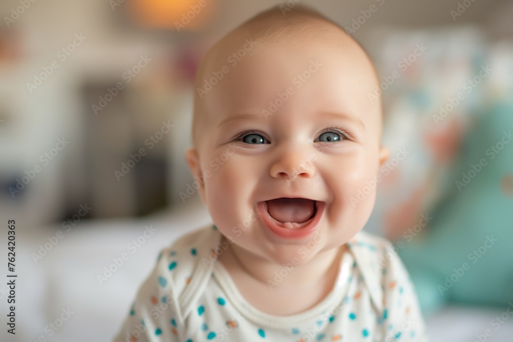 Close-up of a smiling baby with blue eyes, exuding happiness