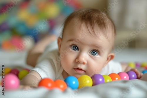 Cute infant with big blue eyes lies on a bed surrounded by multicolored play balls