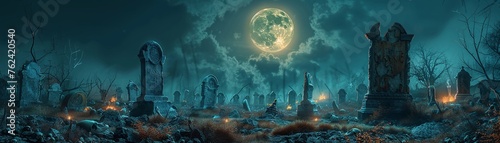 Zombies rising as a magical moon illuminates forgotten graves, eerie silence, wide shot, macabre rebirth