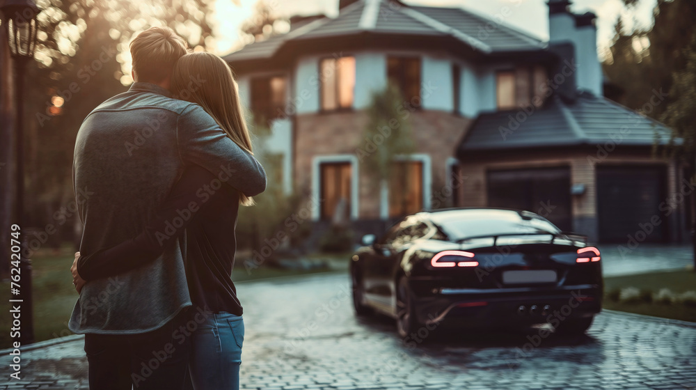 Man and woman hugged, couple hugging each other, standing in front of ...