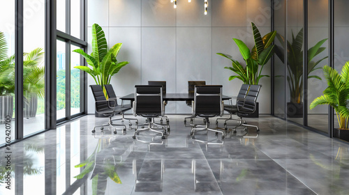 Nobody in the modern and elegant empty company office interior with black chairs and mat black metal table sitting on a shiny gray floor with tropical plants, seminar conference meeting boardroom