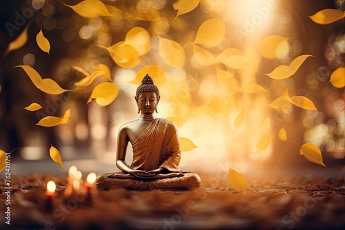 Makha Asanaha Visakha Bucha Day Golden Buddha image. Background of Bodhi leaves with shining light. Soft image and smooth focus style and copy space - generative ai © Nia™
