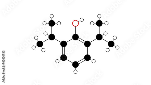 propofol molecule, structural chemical formula, ball-and-stick model, isolated image diprivan