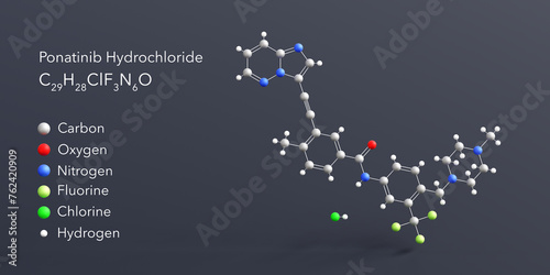 ponatinib hydrochloride molecule 3d rendering, flat molecular structure with chemical formula and atoms color coding photo