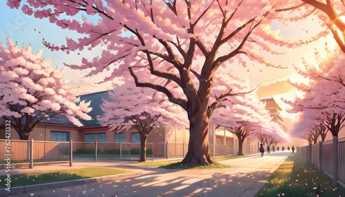 Illustration landscape of cherry blossoms tree in full bloom in the school yard During golden hour, warm glow. Generative AI photo