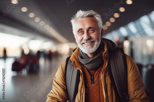 An old man smiles at the airport 