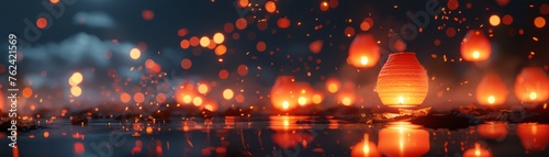 Minimalist 3D Blender lanterns  night sky  warm glow