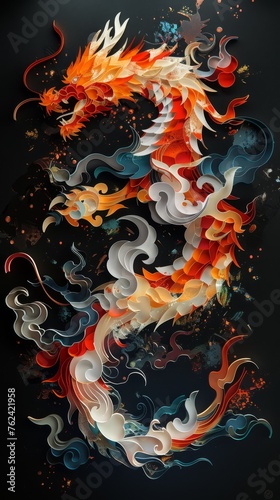 Minimalist paper cut dragon, fiery colors, dynamic pose