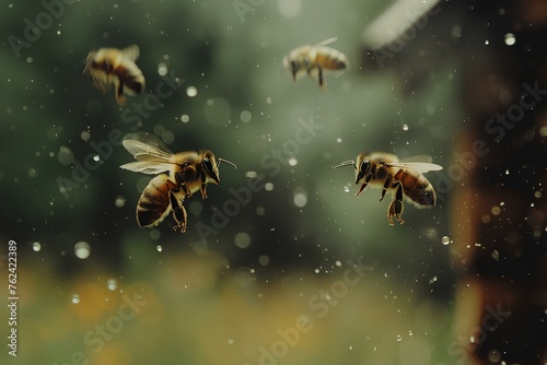 A group of bees flying through the air next to a tree and grass covered ground with rain drops on