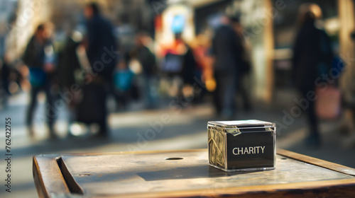 Small glass charity box with money placed on a table on the city street, people blurred in motion walking by outdoors giving donation concept. Help giving to poor, philanthropy fund, volunteer support photo