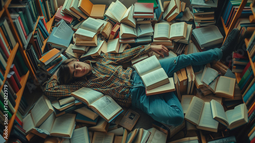 student sleeping on books at library