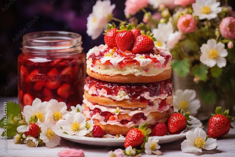 Strawberry lemonade or iced tea and cake decorated with berries. Summer refreshing cocktail in jar and delicious food. Floral background. Strawberry lemonade or iced tea and cake decorated with berries. Summer refreshing cocktail in jar and delicious food. Floral background.