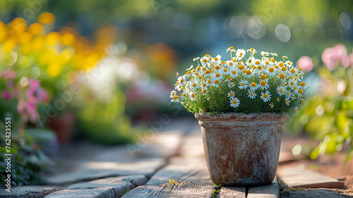 Serene garden path with blooming daisy planter. Tranquil garden pathway lined with a terracotta planter full of white daisies in sunlight