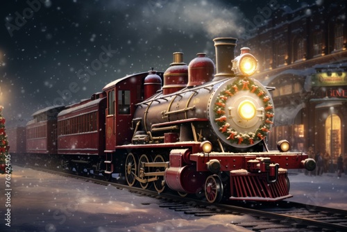 Vibrant Christmas red train. Art vintage card. Generate Ai