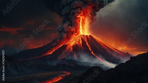 Volcano erupting with lava and ash