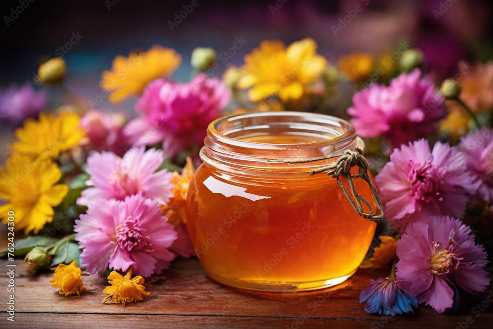 Sweet honey in glass jar with flowers background. Sweet honey in glass jar with flowers background.