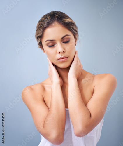 Studio, beauty and calm woman with skincare from dermatology and self care with peace. Girl, relax and healthy glow on skin from cosmetics, treatment or model with makeup on face in mockup space