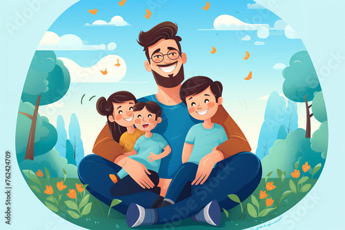 Happy Fathers day. Father and children in nature background  happy family stylish flat illustration. Modern greeting card. Father with son and daughter postcard. Generated ai  parenthood