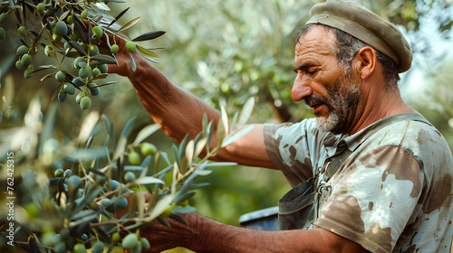 A man olive grower collects olives from an olive tree. Olive growing