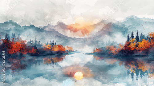 wallpaper, watercolor mountain landscape with river and trees, sunrise over the lake.  Modern art, prints, wallpapers, posters and murals
