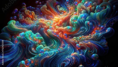 An electrifying, vibrant digital artwork depicting crashing waves and frothy, luminous swirls in a kaleidoscope of vivid colors, bubbles, and cosmic textures. 