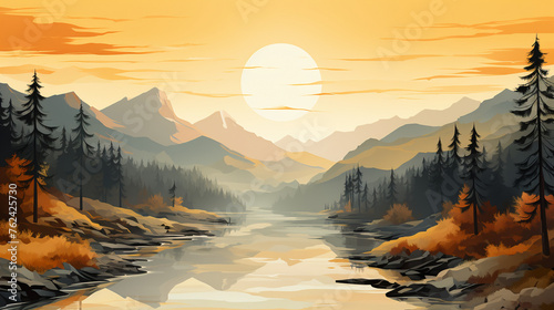 wallpaper, watercolor mountain landscape with river and trees, sunrise over the lake.  Modern art, prints, wallpapers, posters and murals #762425730