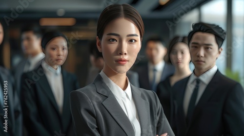 Confident Asian Business Team, sharp, focused portrait of a confident young Asian businesswoman in the foreground, with her diverse team slightly blurred in the background, in a modern office setting