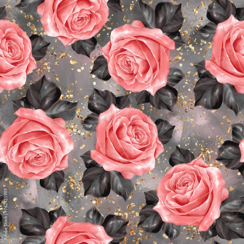 Red roses seamless pattern on gray background. Romantic fabric design with glitter.