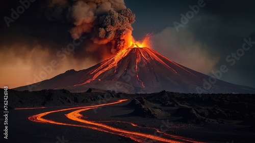 Volcano erupting with lava and ash