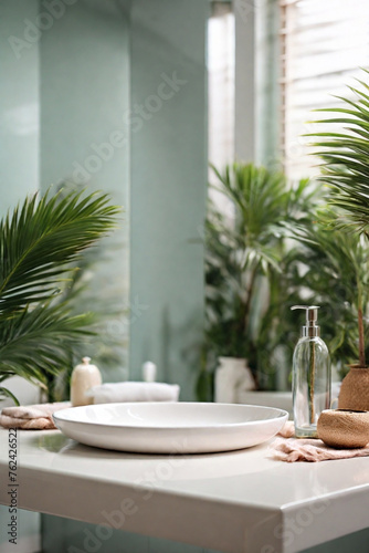 Empty white tabletop for product display with bathroom on background. Summer tropical vibes.