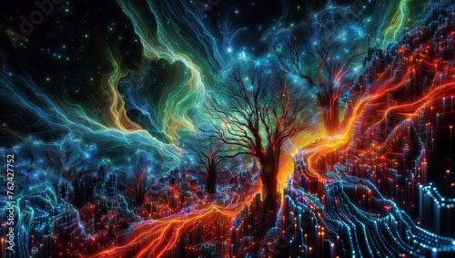 A digital artwork of a barren tree against a backdrop of swirling energy waves and a starry sky  symbolizing solitude amidst cosmic vibrancy.