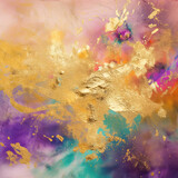 Golden splashes on purple and orange abstract