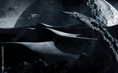 Spaceship flying over desert, 3D illustration
