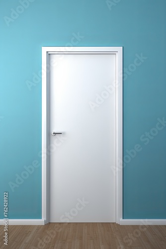 A white door next to a light navy blue wall